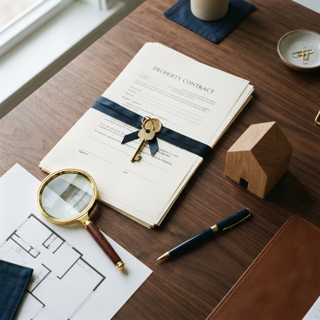 Property contract, house key, and model house on a desk, representing conveyancing services