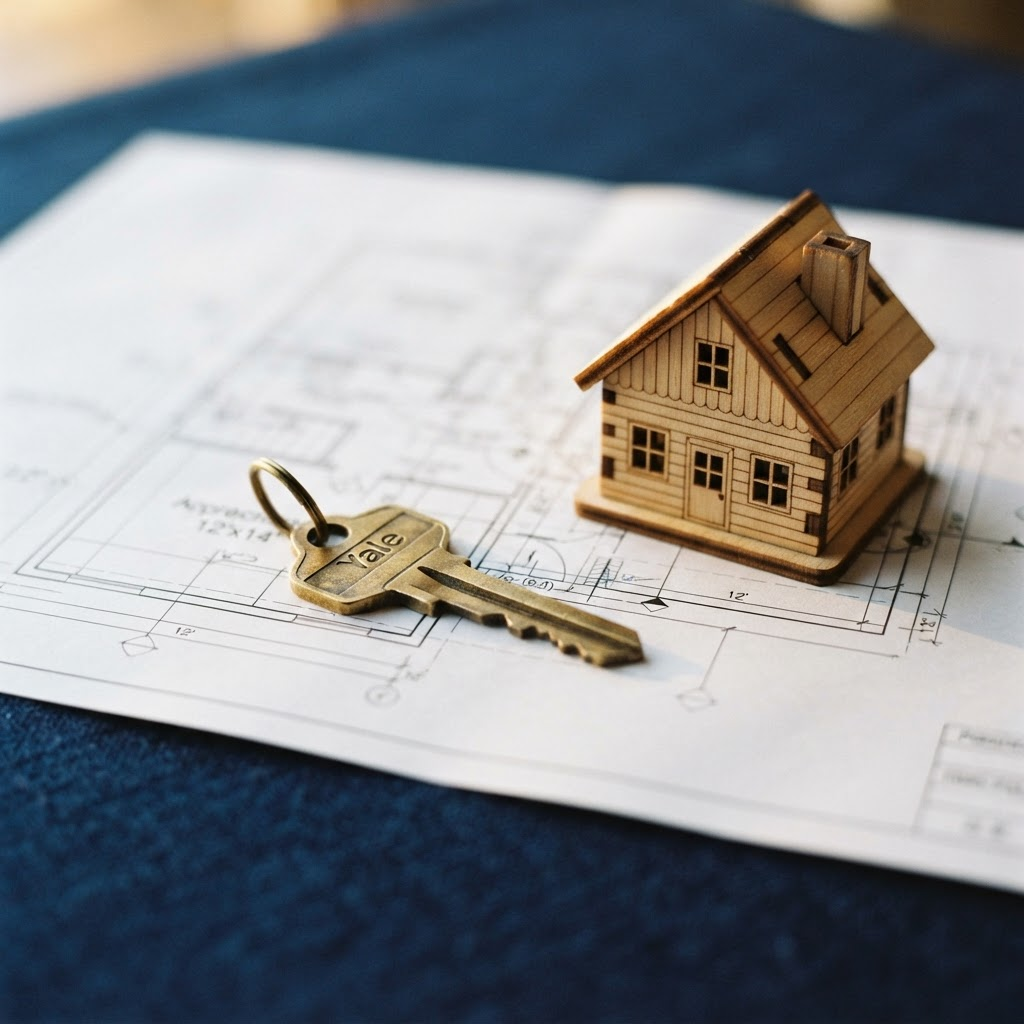 House key resting on architectural blueprints, representing conveyancing services